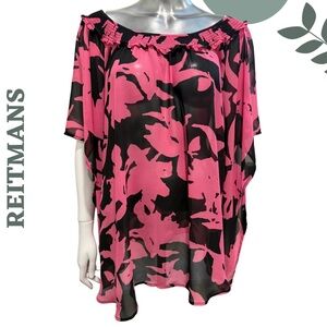 Reitmans Pink Black Sheer Floral Poncho Top Oversized Flow Blouse Plus Size 1X